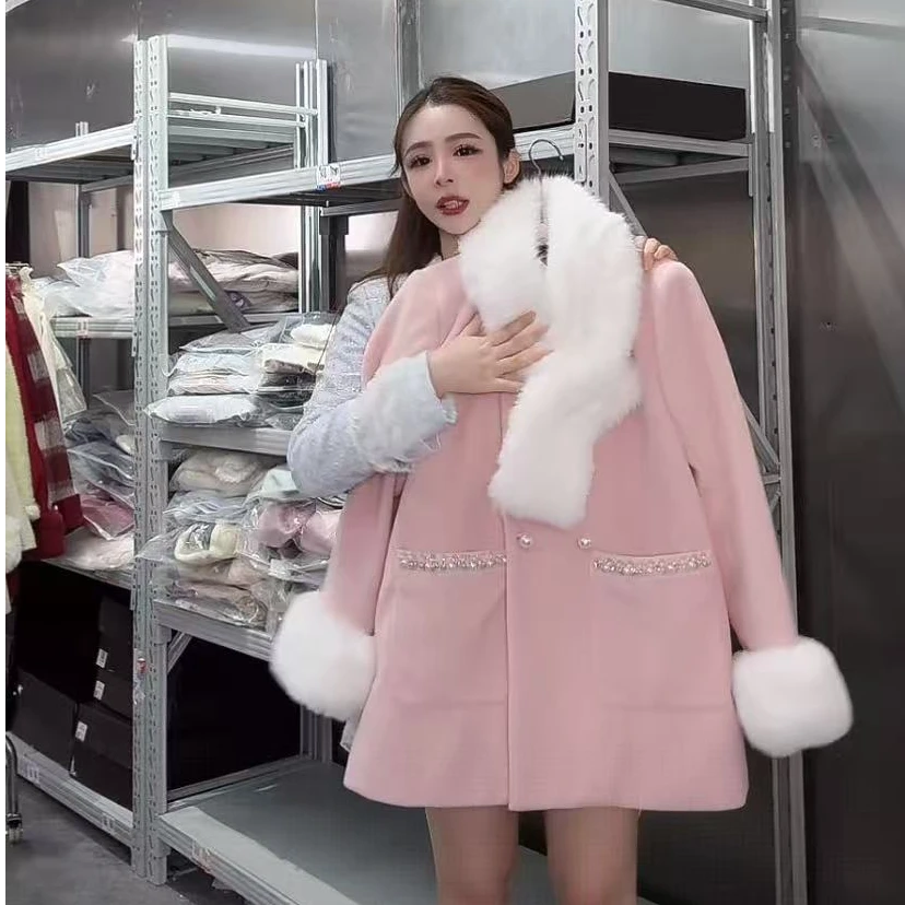 CC小众设计【韩剧女主】2024秋冬款气质设计感粉色大衣外套