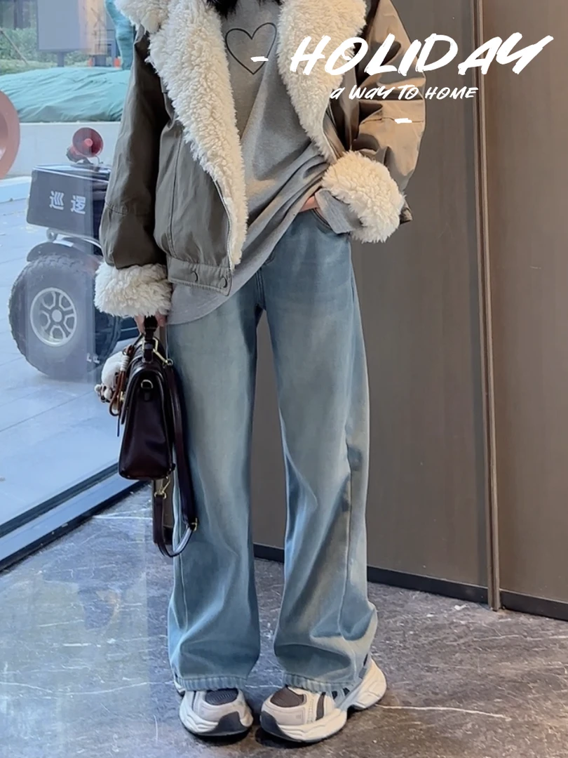 【年款】跳跳鱼童装   韩系时尚百搭复古直筒加绒加厚牛仔裤269275