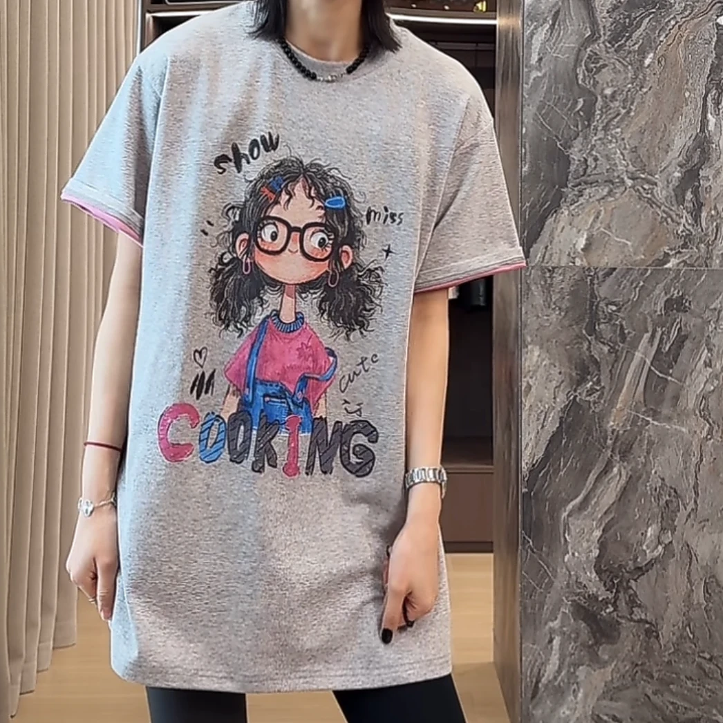 设计感字母卡通女孩印花短袖T恤女春夏2025新款圆领上衣半袖