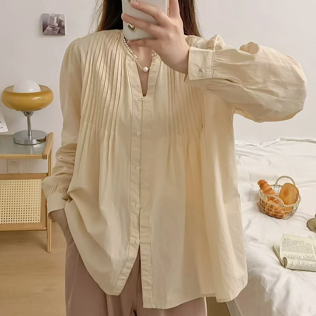 【点点】春季V领纯棉长袖设计感百搭宽松时尚显瘦衬衫