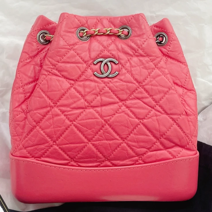 99新 Chanel/香奈儿 粉色银扣 流浪双肩包 29开 /7SK39631