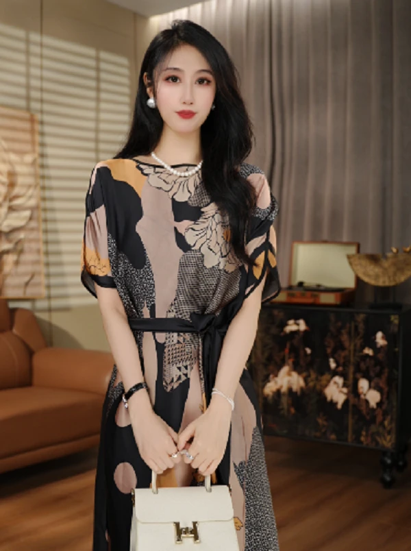 国颐 琉璃冰感丝连衣裙轻奢优雅洋气减龄时尚百搭显瘦V25L322