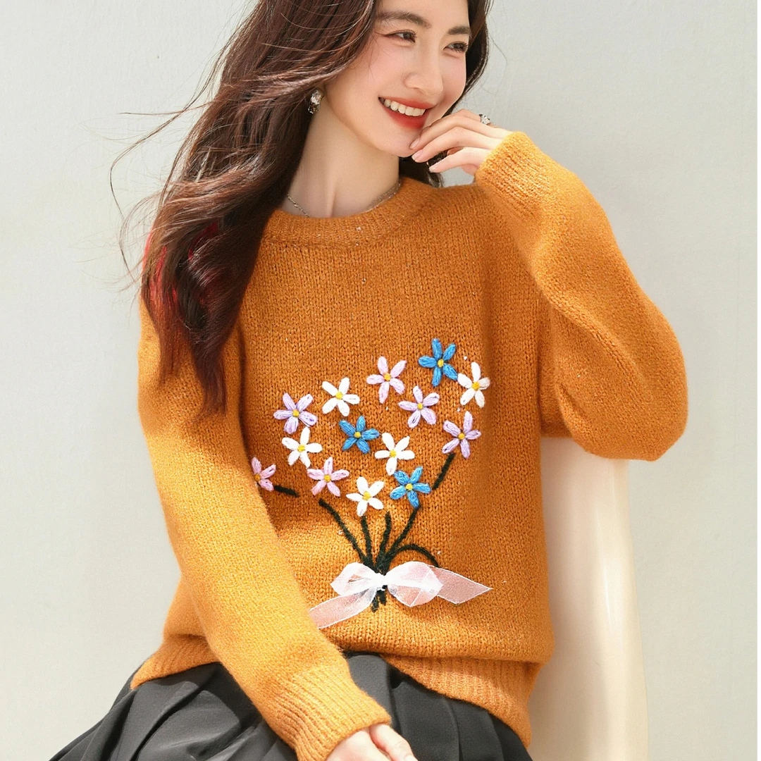 打底新款高级感刺绣百搭毛衣女秋冬加厚外穿软糯费尔岛提花上衣