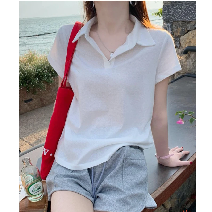 白色polo衫女短袖t恤夏季2025新款薄款宽松设计感雪花棉翻领上衣