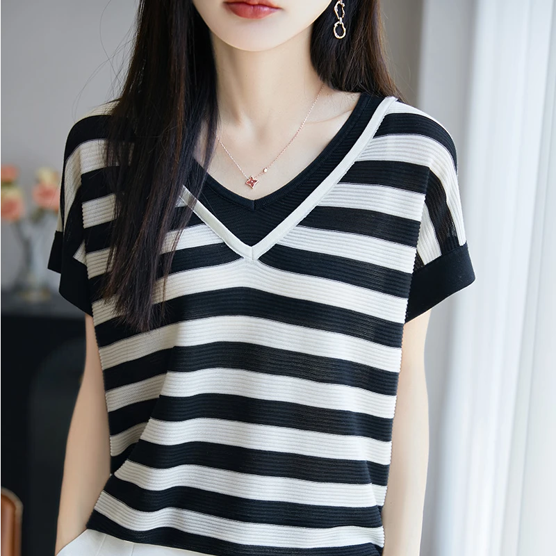 夏季新款宽松双V领针织短袖女显瘦洋气假两件条纹T恤上衣