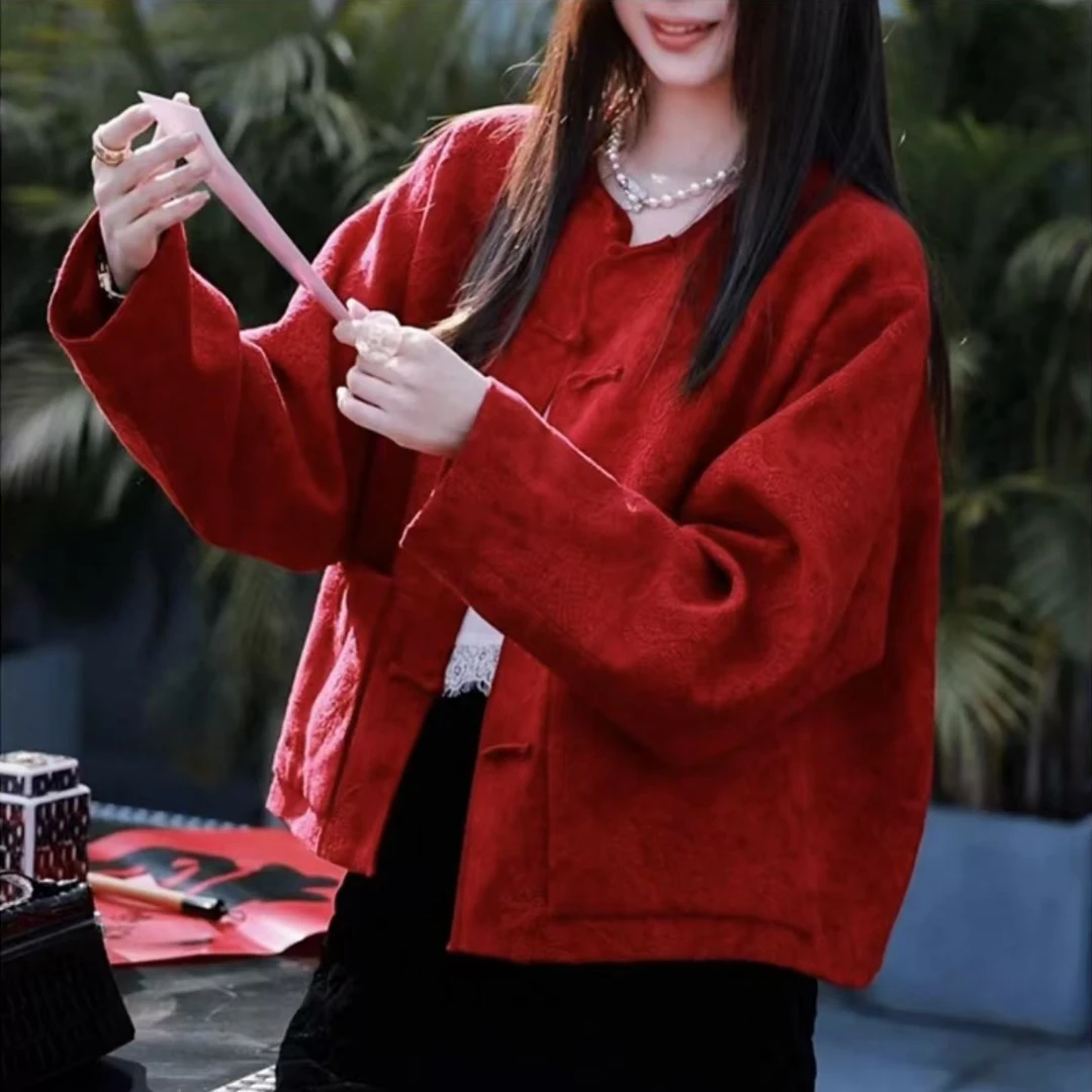 【腰果花】新中式国潮风复古网红亚麻刺绣厚款外套中国风红色宽松