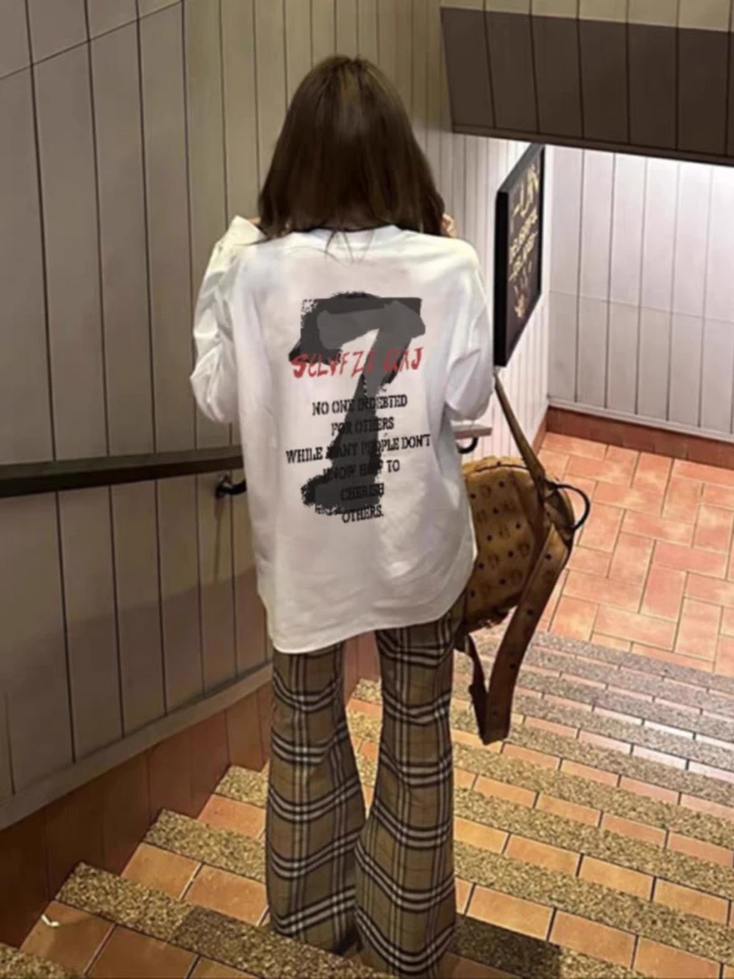 纯棉长袖t恤女2025新款爆款夏季美式小众设计感宽松上衣