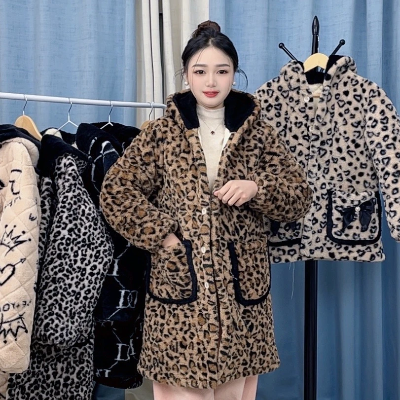 【特厚长款】冬季女爆款棉服仿兔毛豹纹加绒加厚保暖时尚居家服外套