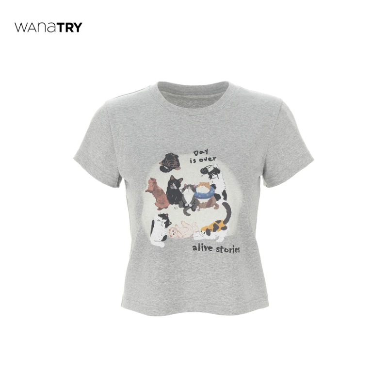 WanaTry灰色韩系团宠可爱夏季休闲T恤（修身正肩显瘦）【达人】