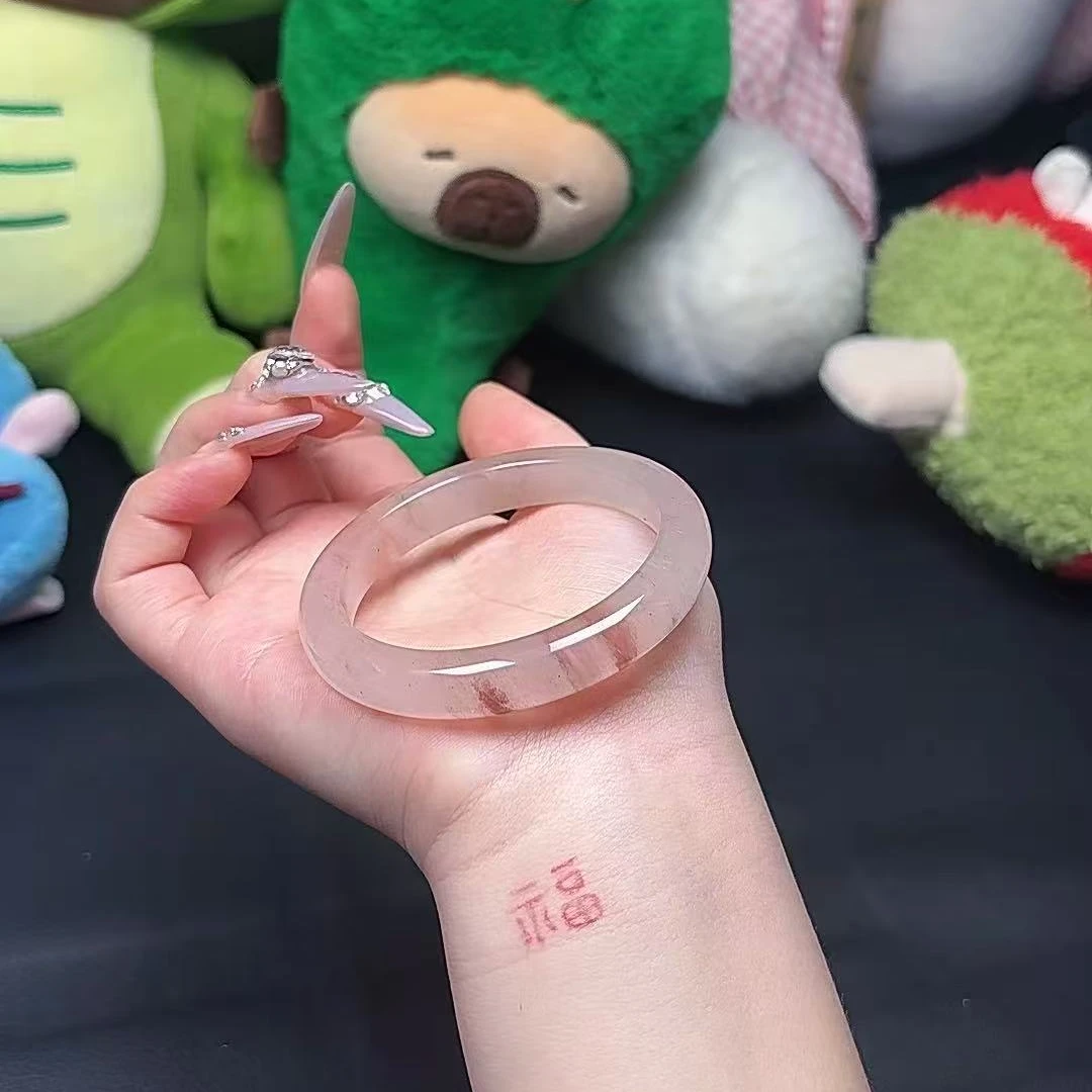 少女桃花手镯冰透粉红美人镯天然粉素款