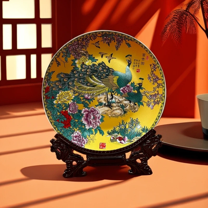 ZY-DP-A406金色孔雀富贵图赏盘+支架