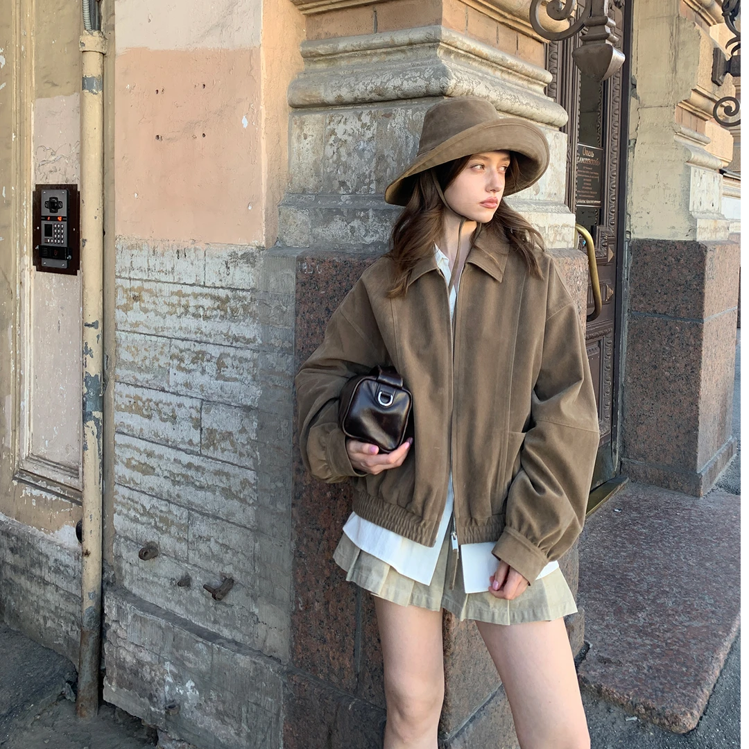 早秋柔雾感麂皮绒大口袋休闲夹克小个子短款复古百搭宽松型外套女