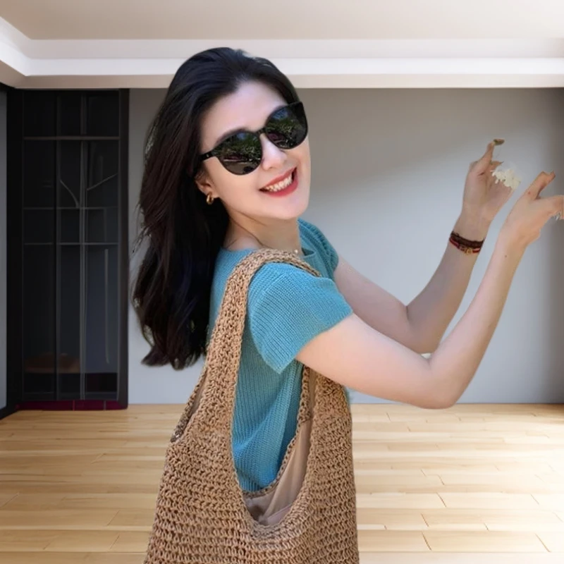 画枕眠夏季蓝色薄款时尚针织衫正肩独特别致圆领修身短袖t恤上衣