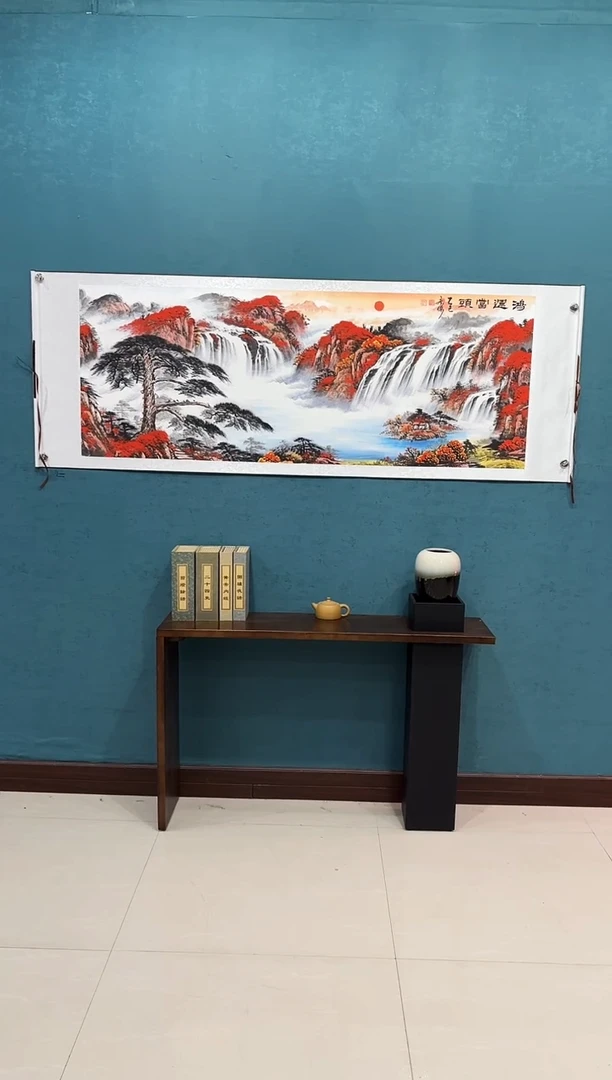国画《鸿运当头迎客松山水》70*200厘米卷轴软裱