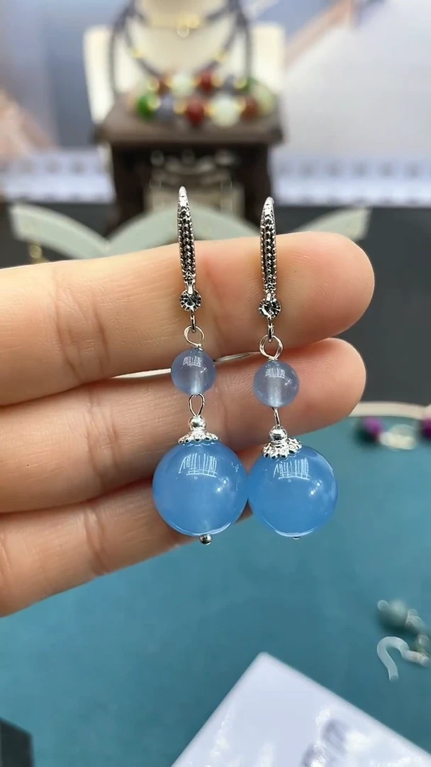 【闪购商品】海蓝宝石耳坠银S925镶嵌海蓝双珠H2