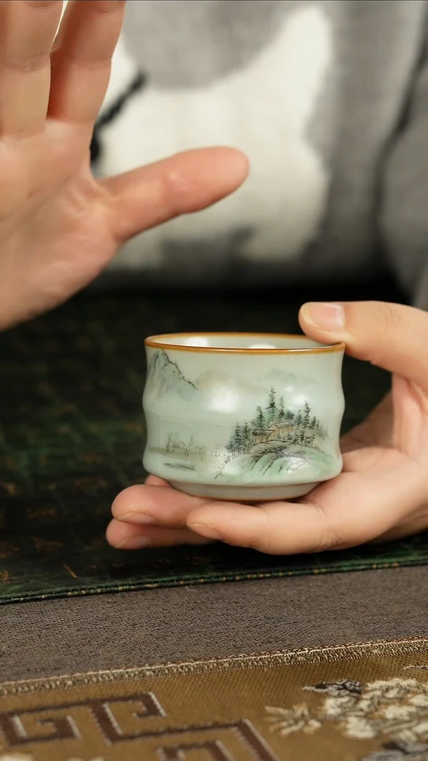 善窑厂汝窑天青山水竹节杯