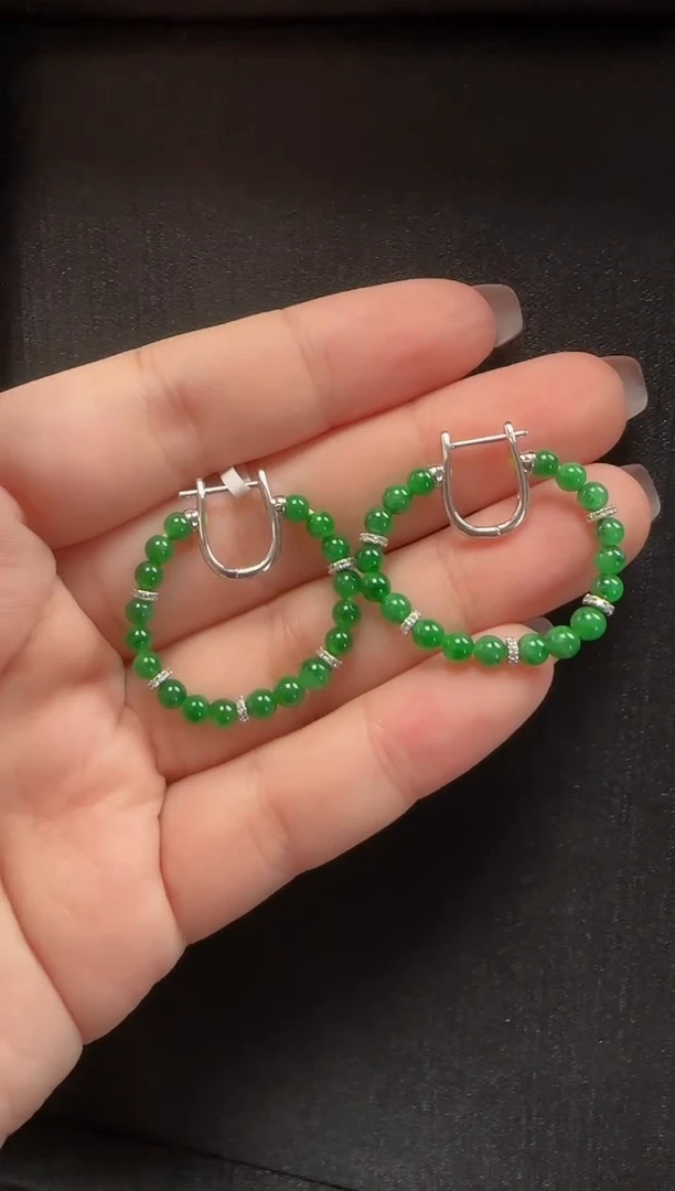 18K金镶嵌翡翠耳饰547玉珠一对