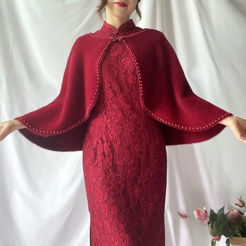 冬季酒红色厚披肩搭配旗袍礼服外搭婚礼喜妈妈婆婆婚宴结婚女貂绒