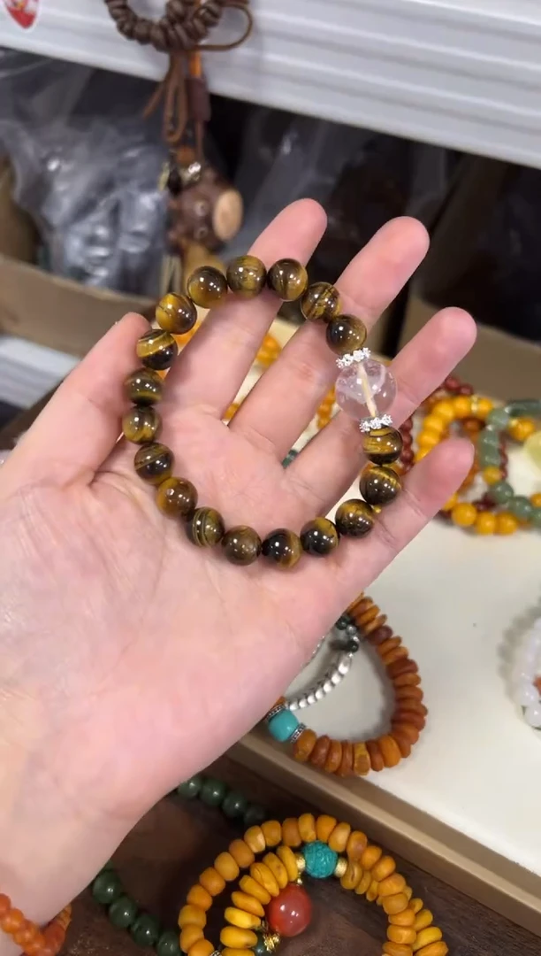 水晶手链未镶嵌黄虎眼金字塔顶珠手串[1045]