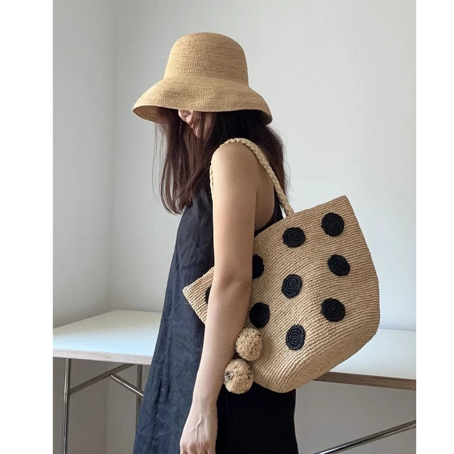 波点拉菲草草编包高级感小众女大容量度假海边编织休闲手提托特包