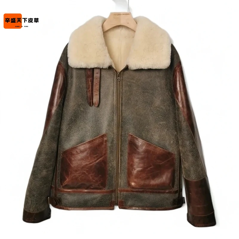 辛盛—超级巴顿冬季新品石墨棕色翻领原生态真牛羊皮皮毛一体皮衣