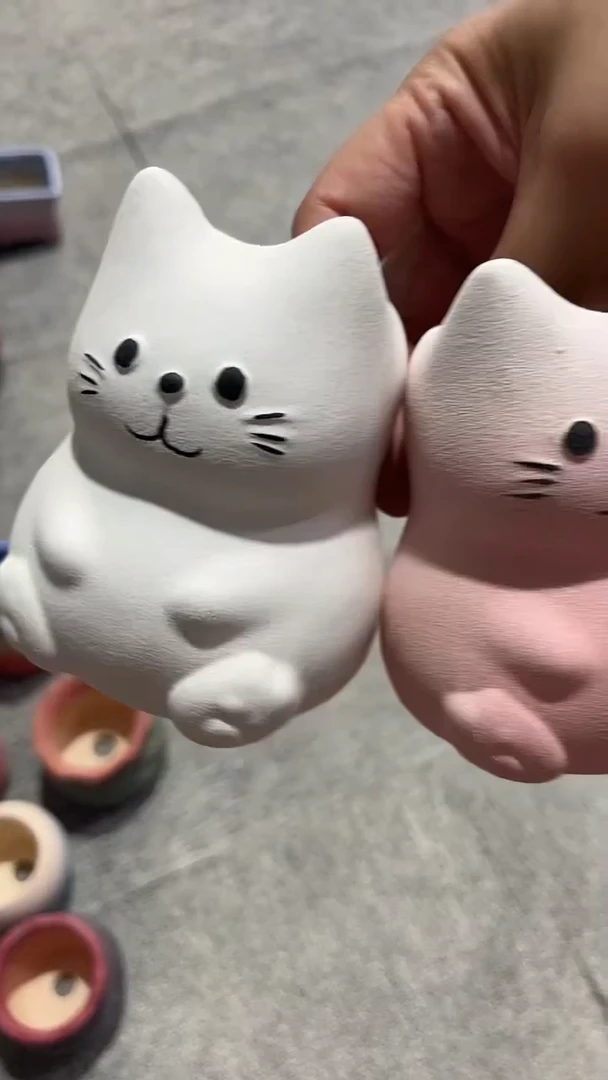 麦饭石粗陶小猫多肉花盆两个