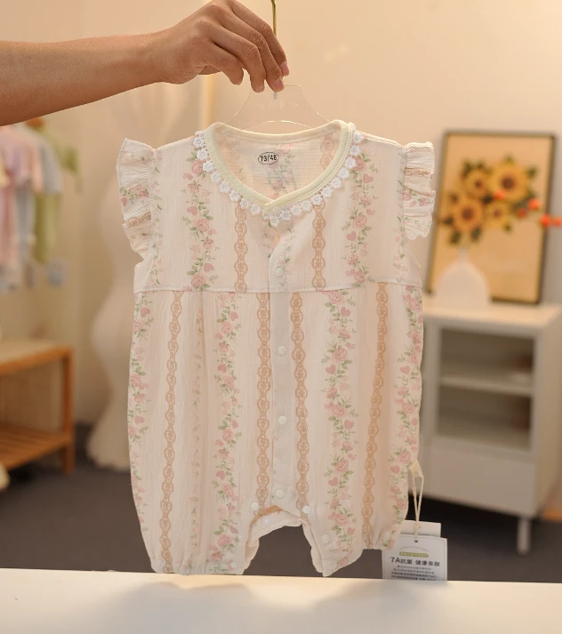 婴儿连体衣爬服夏季宝宝女短爬无袖哈衣公主风花边蕾丝花边薄款衣