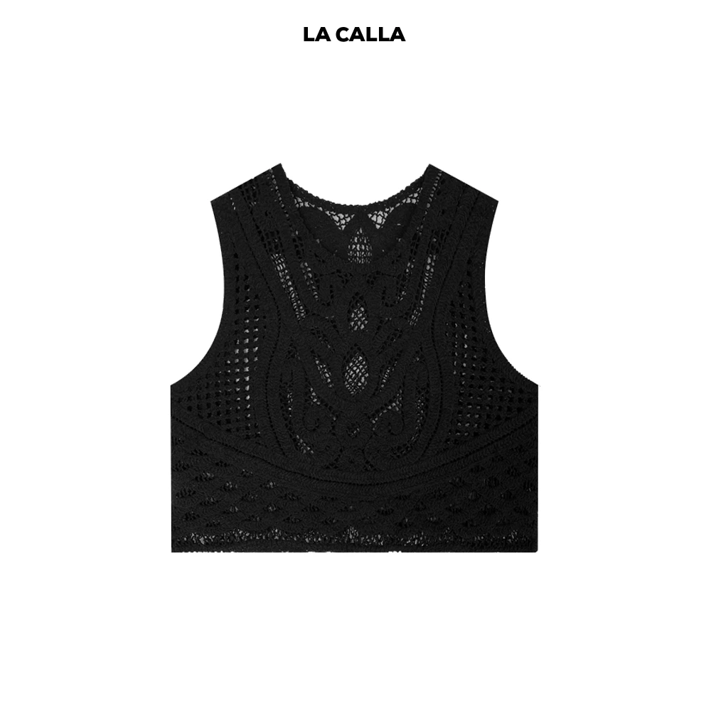 LA CALLA手钩背心黑色镂空钩花无袖套头毛衣马甲L1633