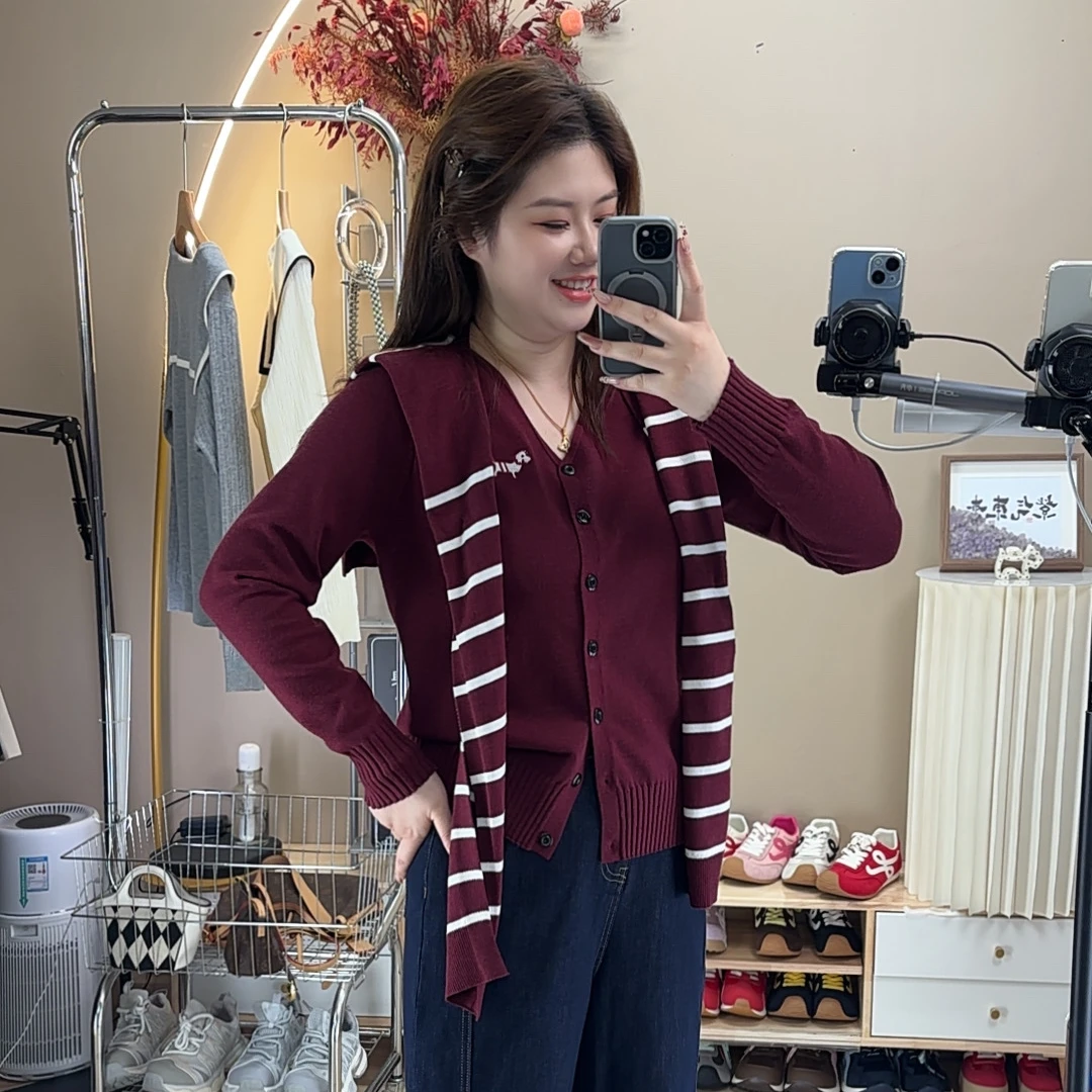 大码纯欲风2025秋季新款小狗长袖针织衫胖mm显瘦宽松条纹披肩开衫