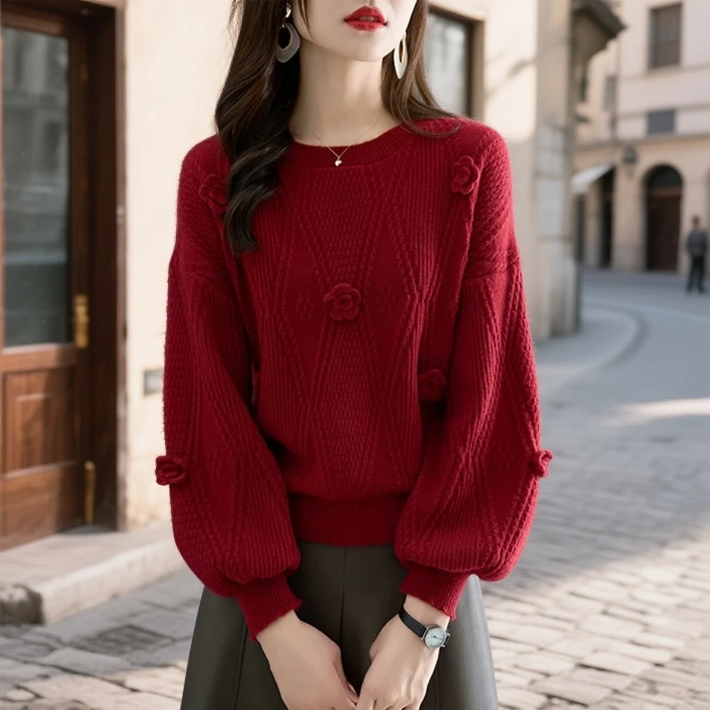 新年红色超好看高级立体花朵灯笼袖毛衣秋冬小香风韩系针织衫上衣