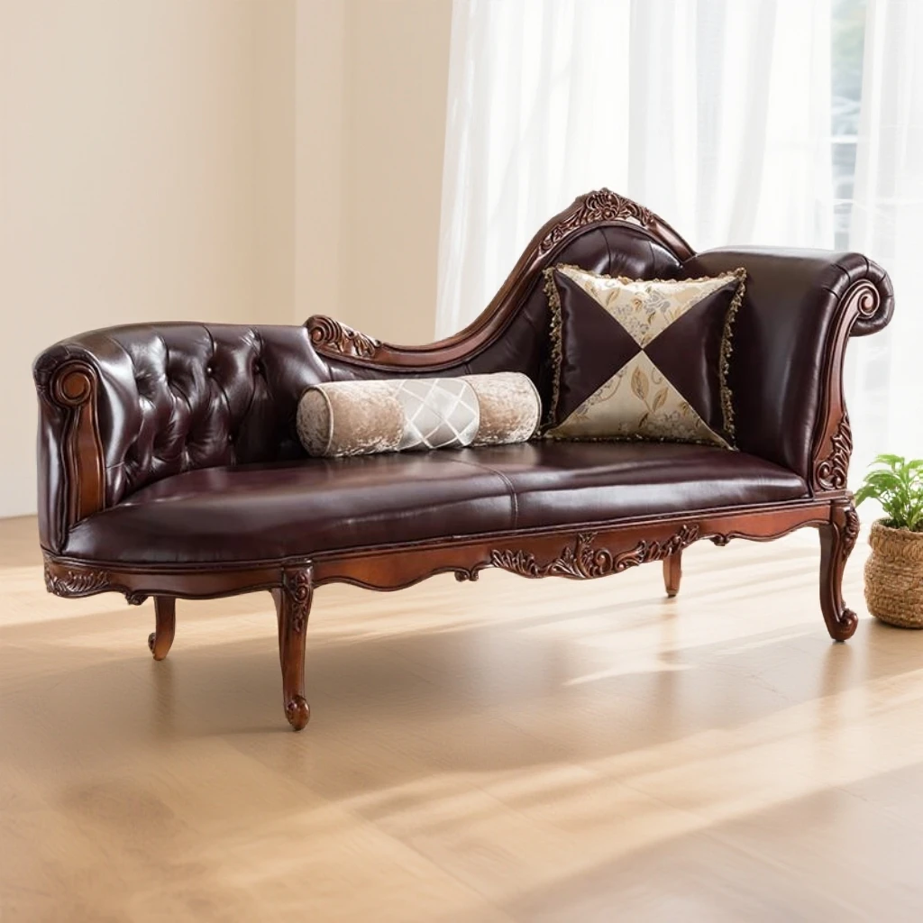 美式实木贵妃椅客厅单个沙发床卧室美人榻太妃椅欧式真皮单独躺椅