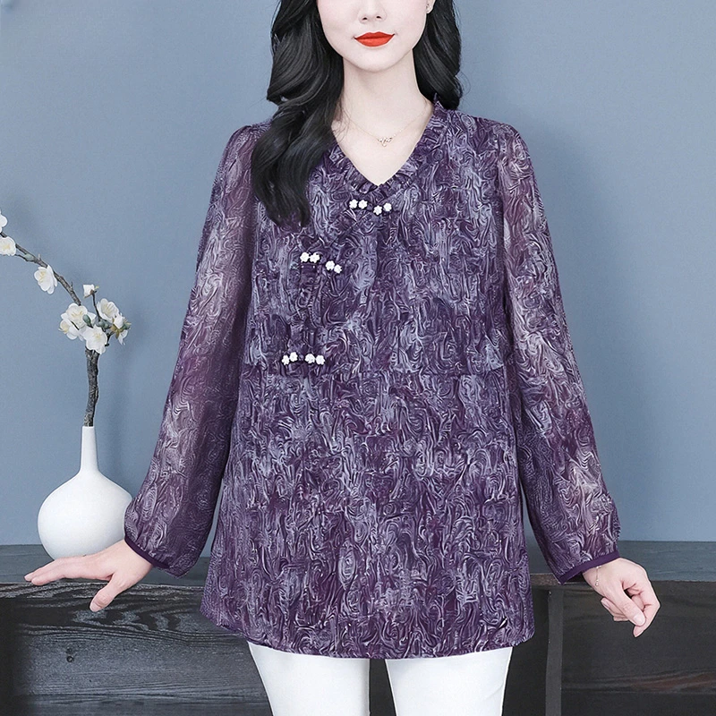 【直播爆款】设计感时髦洋气胖妈妈大码女装花边V领上衣宽松衬衫潮