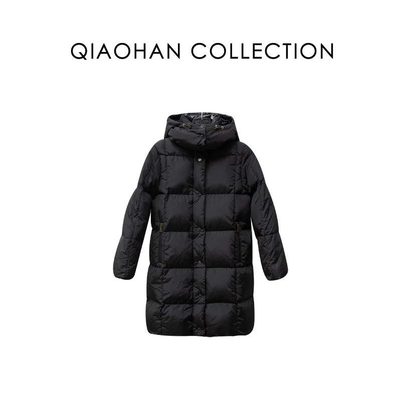 【俏韩---黑巧】加厚长款连帽白鹅绒纯色面包保暖廓形羽绒服