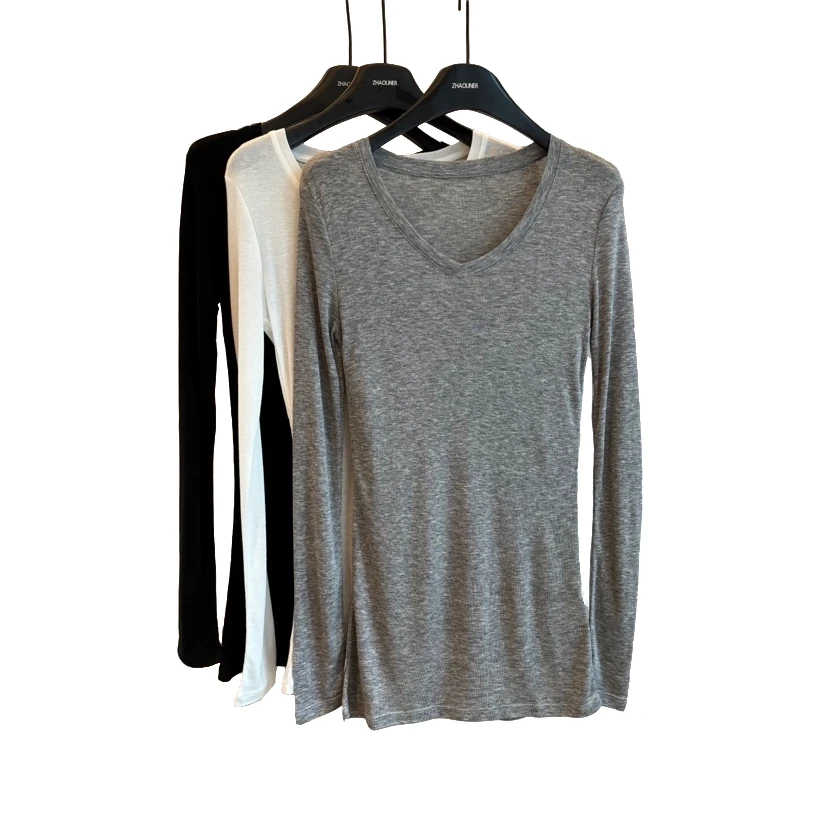 赵灵儿长袖常规抗皱T恤柔软V领打底衫宽松显瘦春秋纯色内搭
