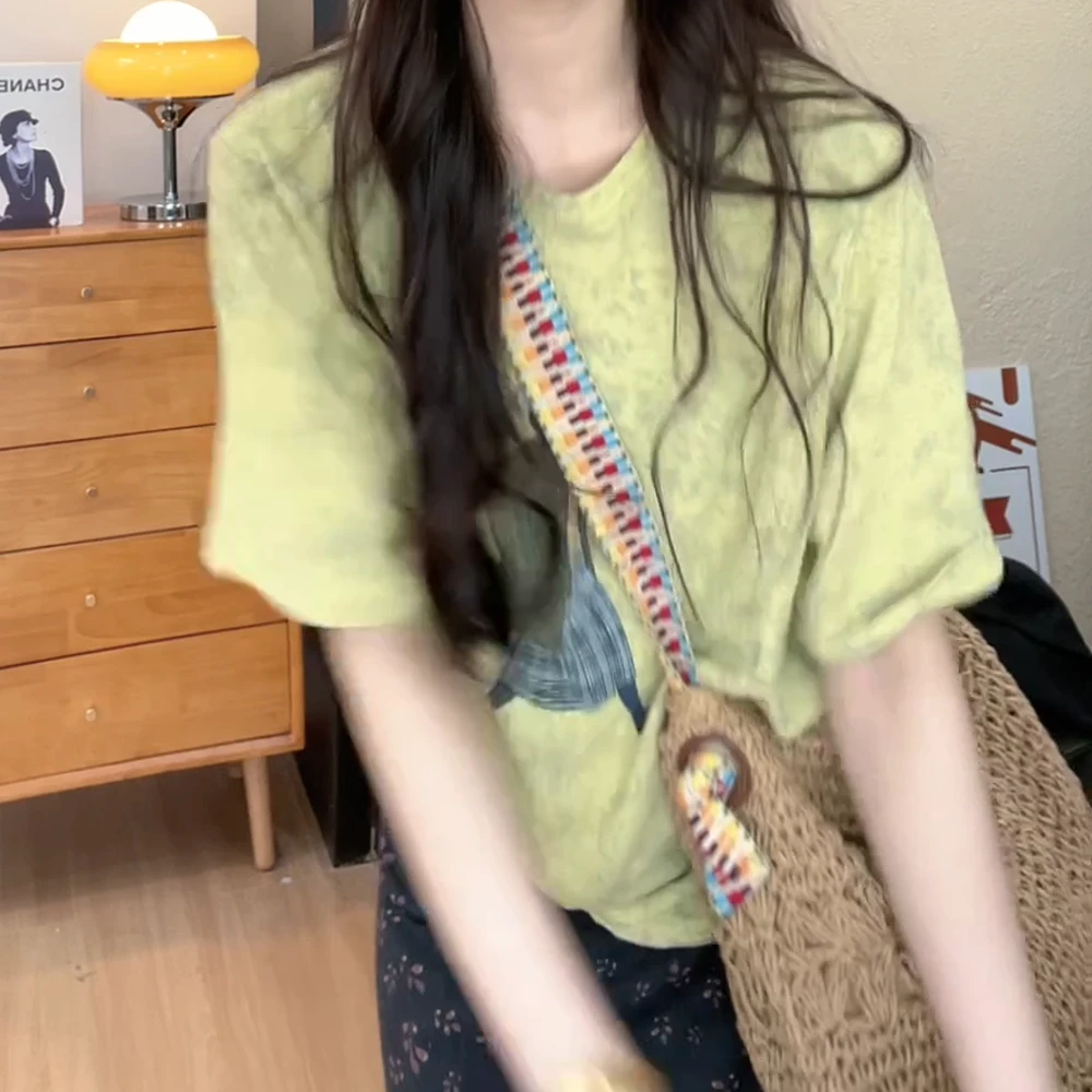 “雪糕女孩”设计感扎染炒色设计款短袖T恤女2025早春宽松上衣夏