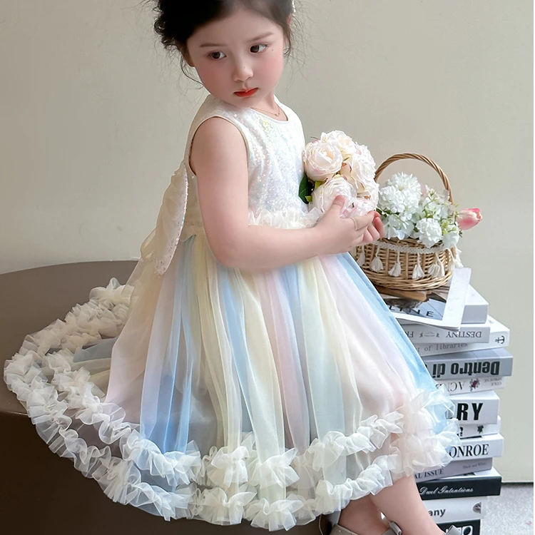 韩版七彩翅膀女童连衣裙夏季新款网纱表演女宝公主裙生日礼服童装