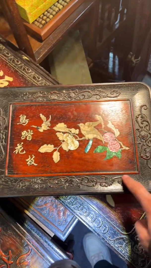 非洲紫檀（红花梨）36x24cm赏盘鸟踏花枝无底座