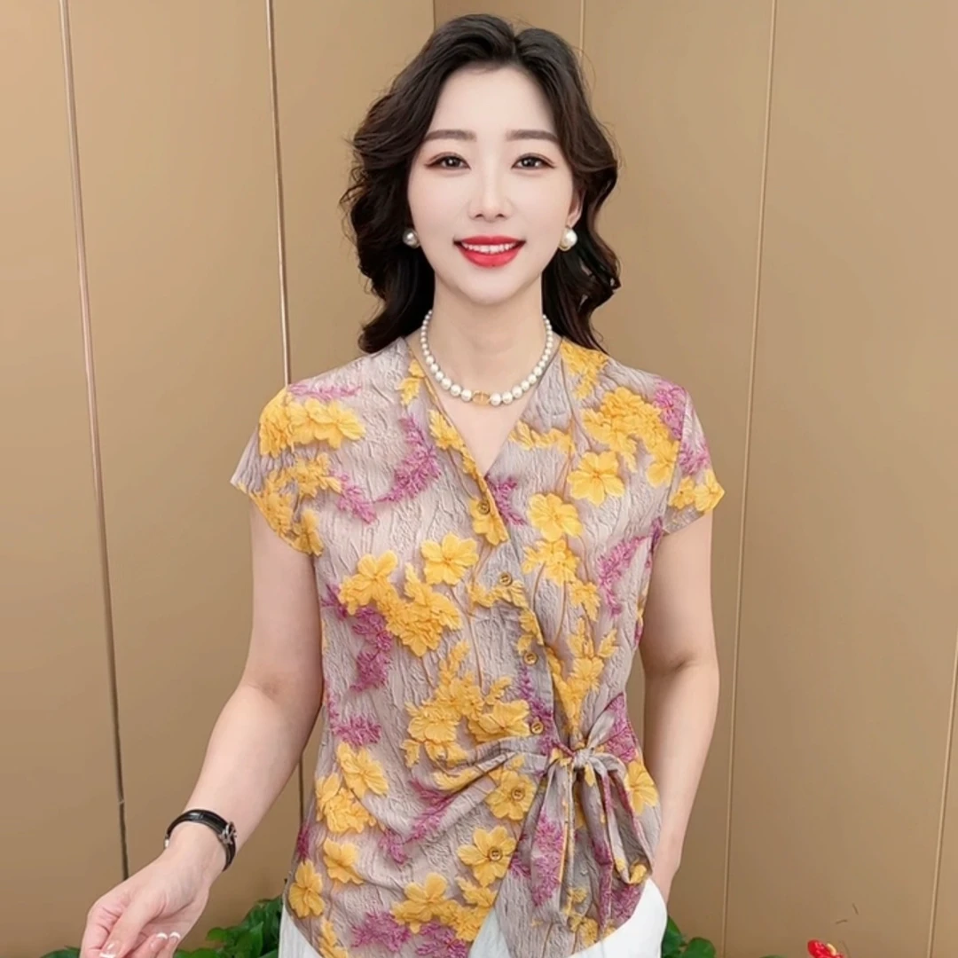 夏季新款时尚V领系带设计感印花小衫休闲百搭薄款短袖上衣K0583