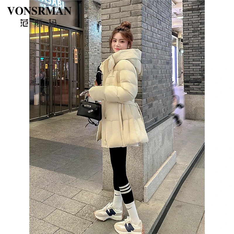 卡其色羽绒服女短款小个子2025冬新款连帽收腰白鸭绒加厚保暖外套