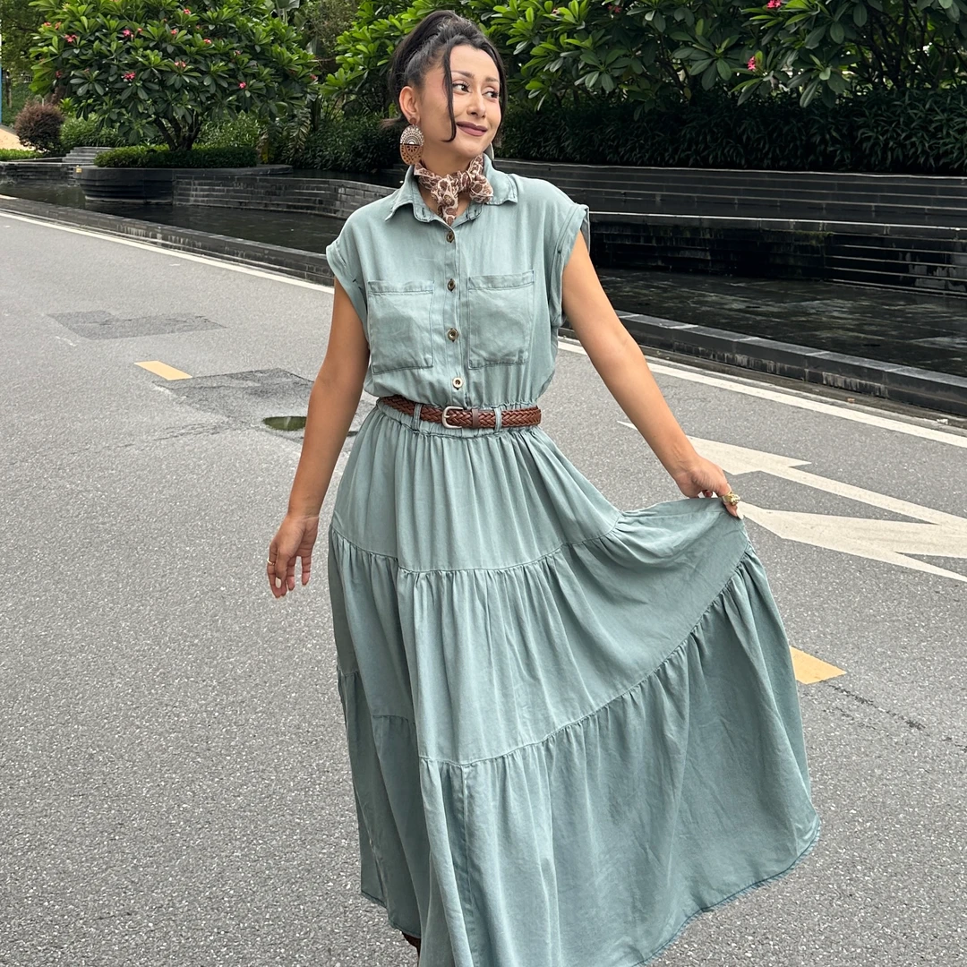 欧式2025夏季时尚翻领单排扣显瘦短袖牛仔连衣裙女