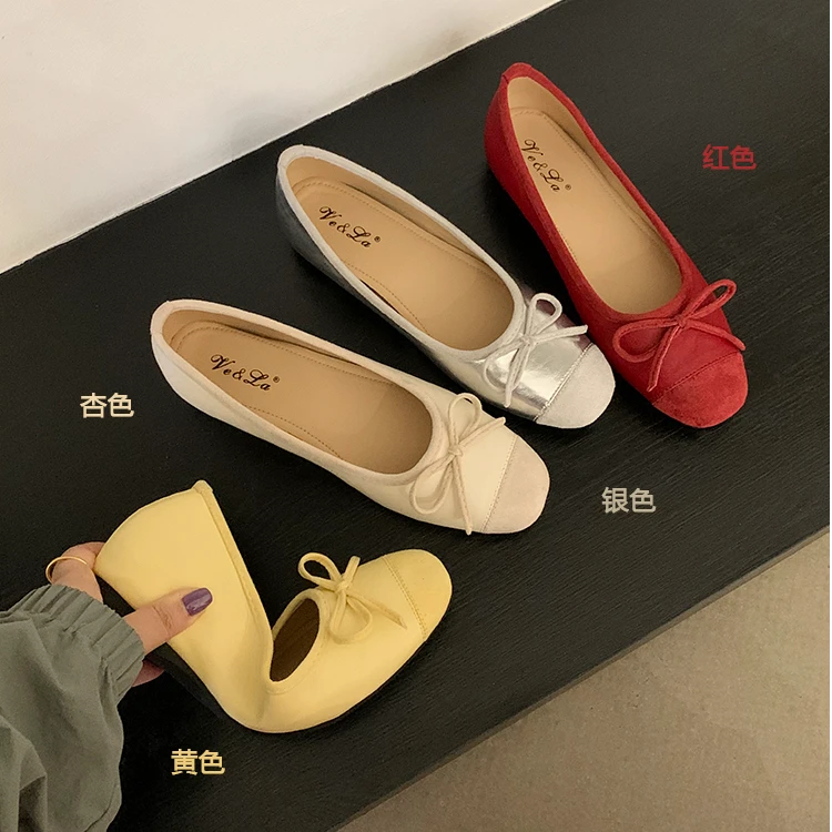 内增高鞋子春夏新款黄色单鞋芭蕾鞋法式温柔蝴蝶结女鞋浅口鞋瓢