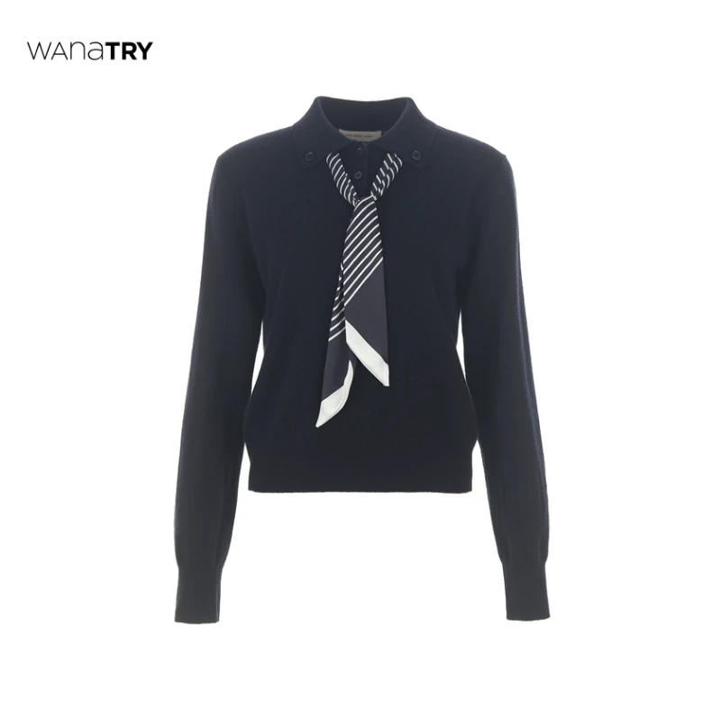wana try 藏青色通勤OL感针织上衣（含丝巾）【达人】秋冬