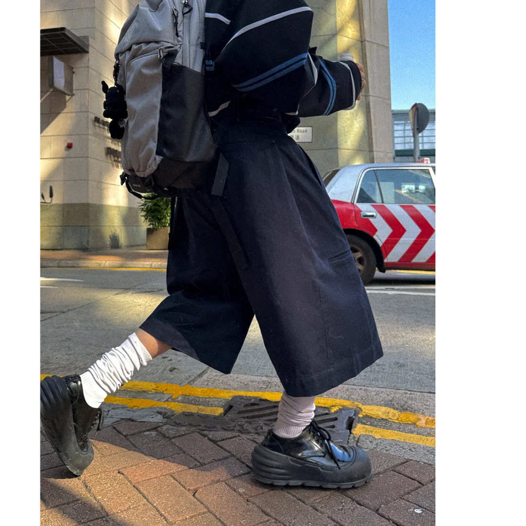 Aurocean 日系复古学院中裤 少年感收腰廓形重磅大版深蓝色短裤