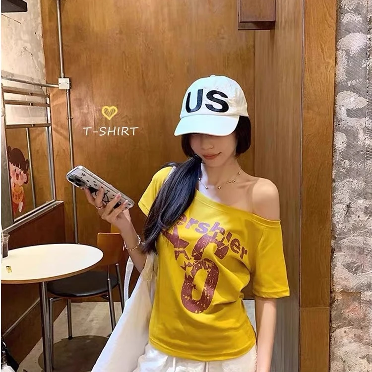 2025夏季新款美式复古斜肩字母印花辣妹显瘦短袖上衣T桖女ins