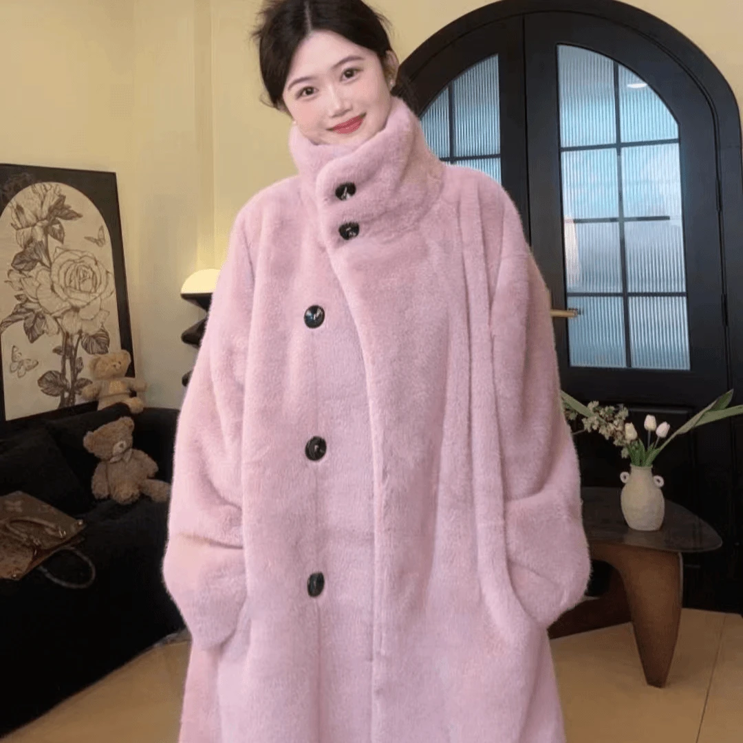 立领翻领两穿2025冬季时尚网红环保设计师毛毛气质宽松百搭大衣Z