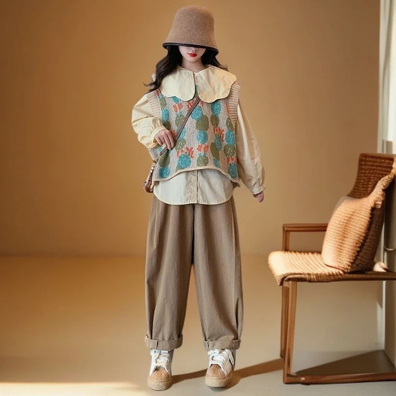 女童宽松时尚网红衫娃娃领三件套中12女男宝宝背带裤套装秋冬