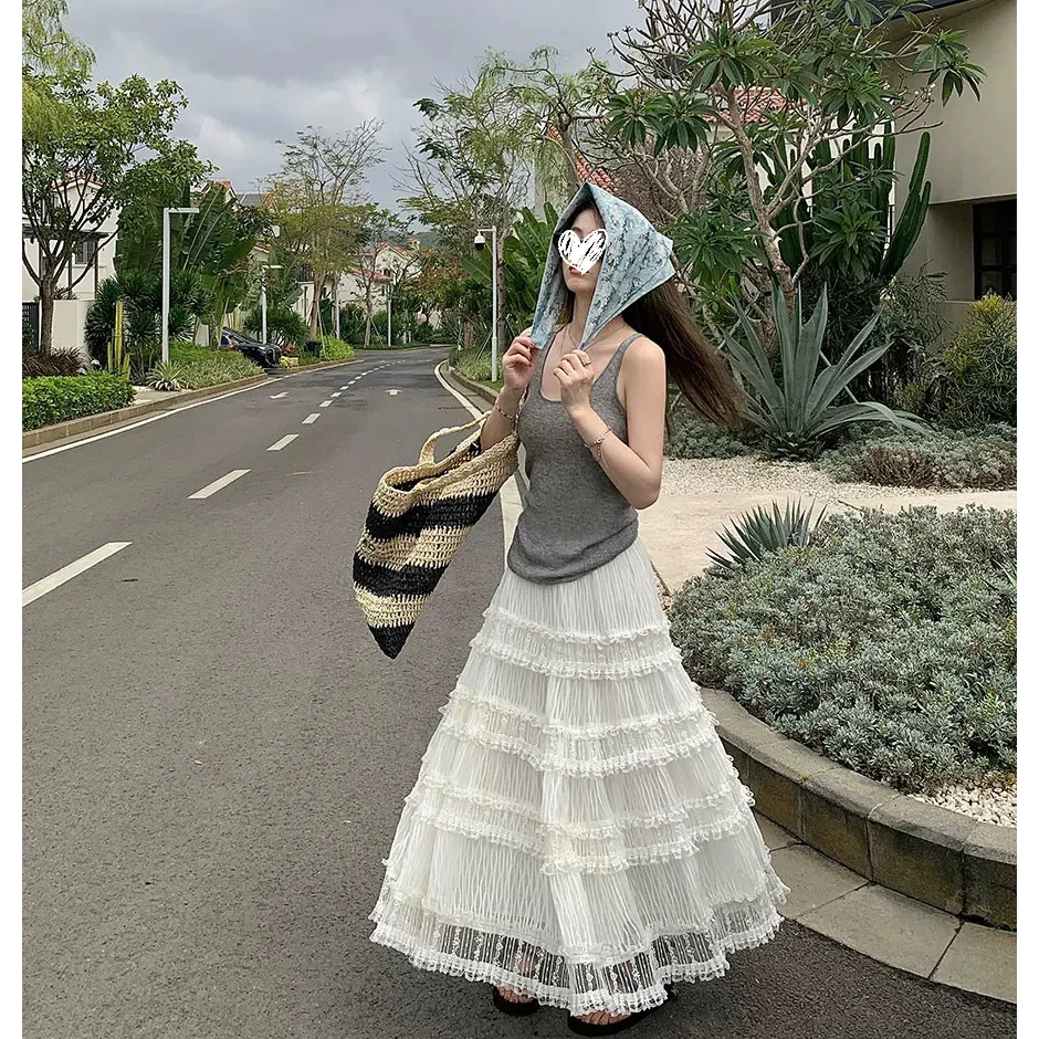 春夏上新~甜美木耳花边压褶蕾丝蛋糕裙高腰大裙摆仙女蓬蓬半身裙