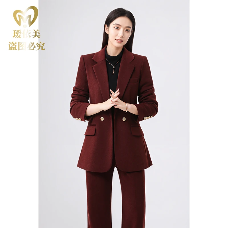 酒红高端羊毛加厚西装外套女士休闲时尚正装套装冬装新款爆款