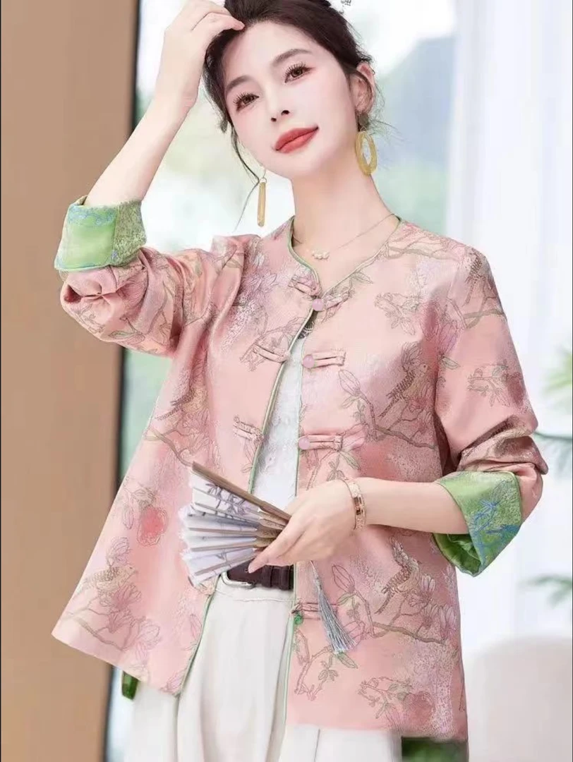 喜上枝头 新中式圆领织花提花刺绣国风复古春秋气质外套女