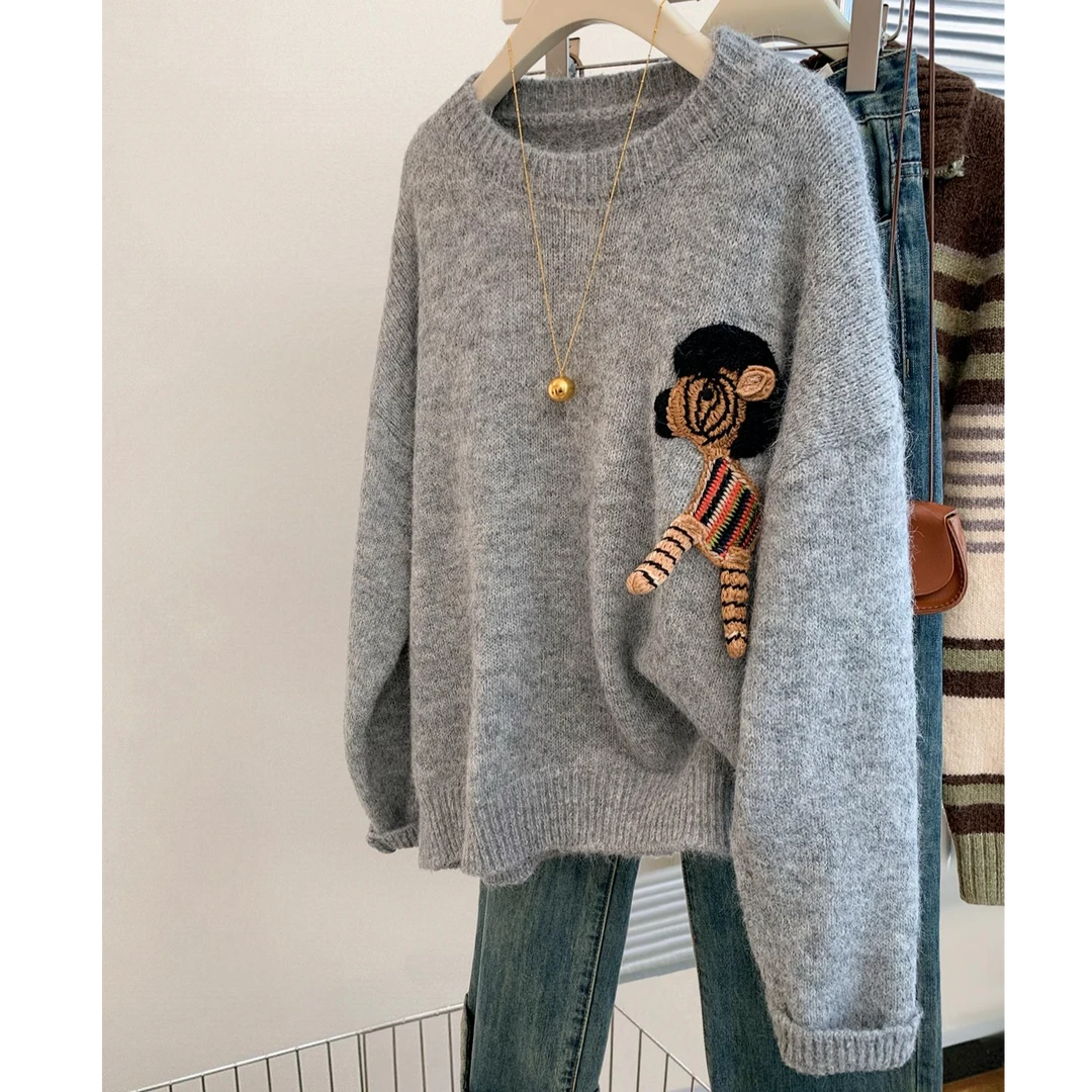 灰色圆领套头毛衣女秋冬冬季2025新款慵懒内搭加厚针织衫上衣